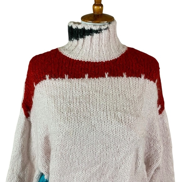 Zara Chunky Knit Turtleneck Sweater Large Abstract Colorblock Wool Blend - Picture 3 of 7